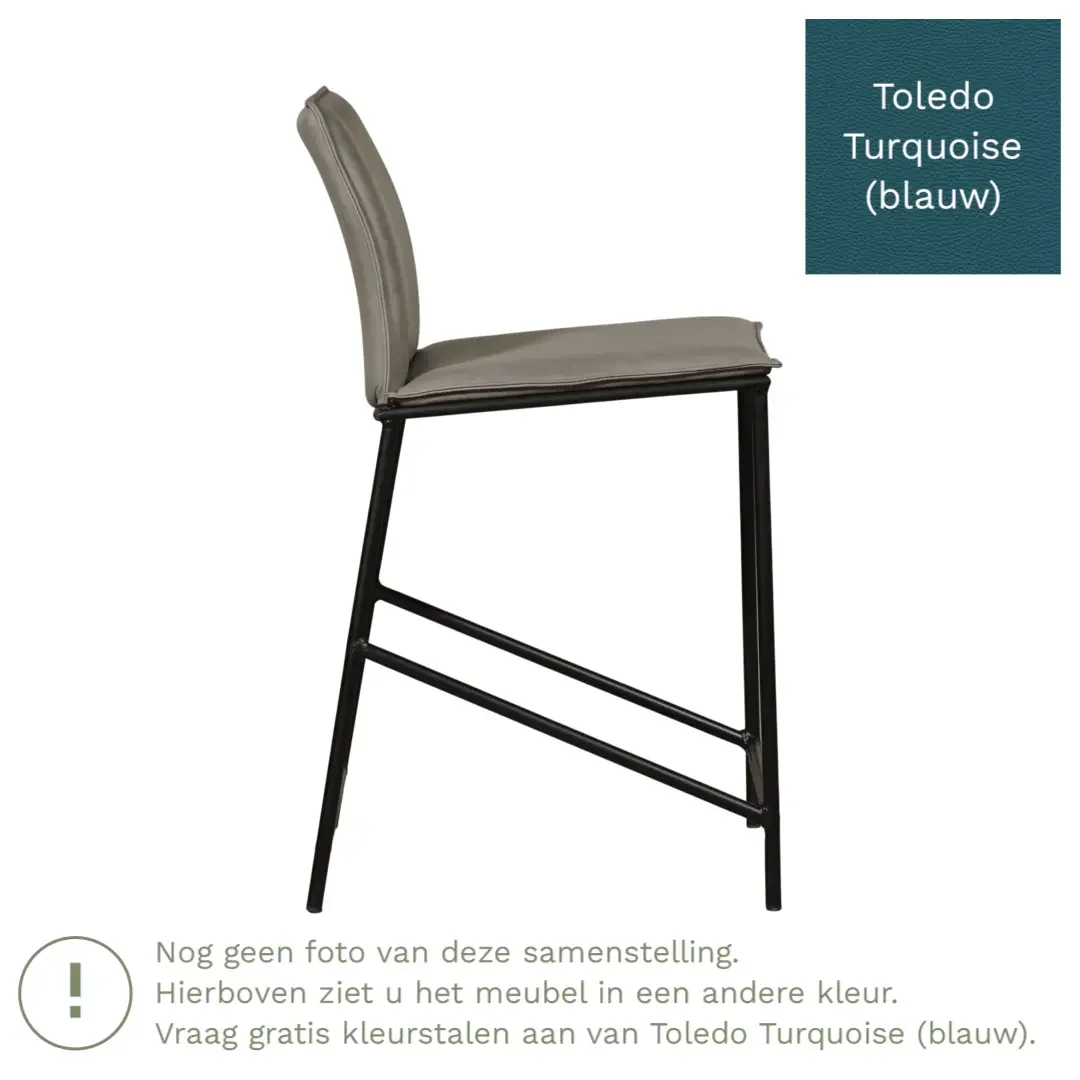 afbeelding van Leren barkruk laag Favor - Toledo Turquoise (blauw) - poten staal rond zwart